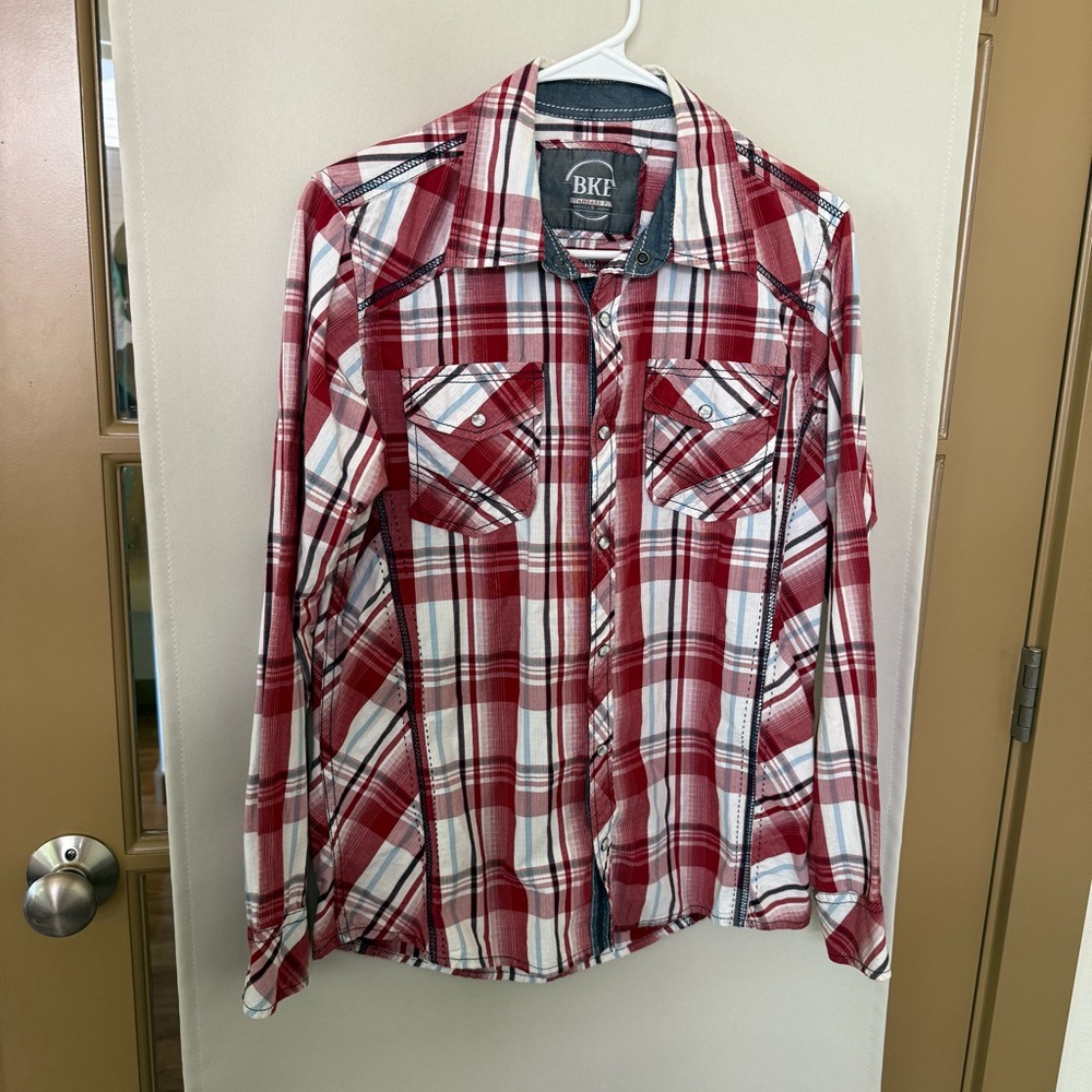 BKE Men's Small Plaid Standard‎ Fit Western Long Sleeve Snap Up Shirt